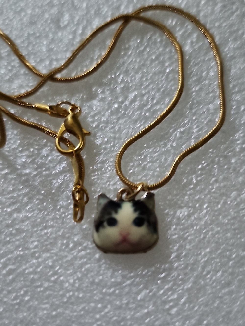 Hand Crafted Gold Cat Face Pendant Necklace with Black and White Details